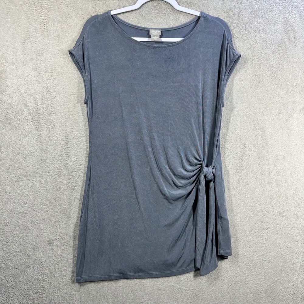 Chico's Travelers Tunic Top Women Size 1 Medium Blue Gray Side Tie Slinky Knit